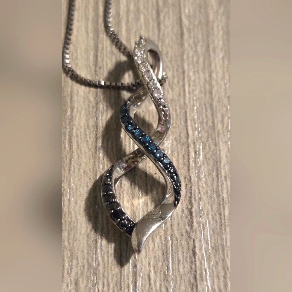 Kay Jewelers White Blue Black Diamond Infinity Spiral Pendant Necklace Sterling